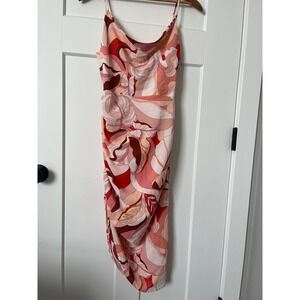 Forever 21 Pink Abstract Floral Cowl Neck Ruched Midi Dress Open Back Small